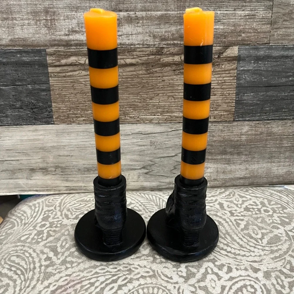 Halloween Witch Leg Taper Candles Orange Black Striped Boot Base Set of 2
